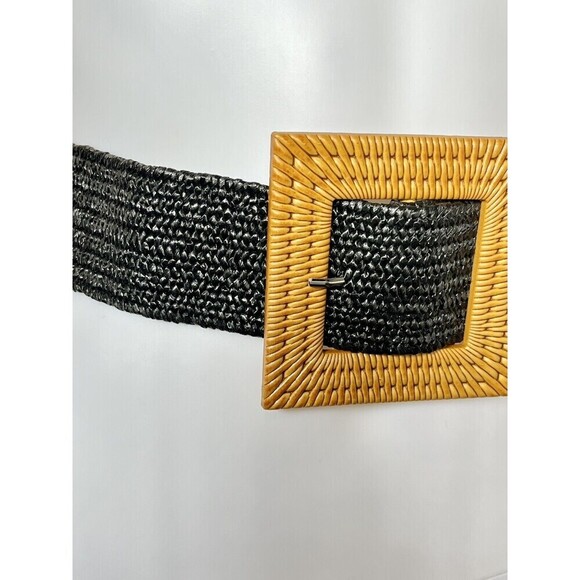 Square Wooden Buckle Straw Rattan Elastic Belt Womens One Size Brown/Black - Picture 7 of 13